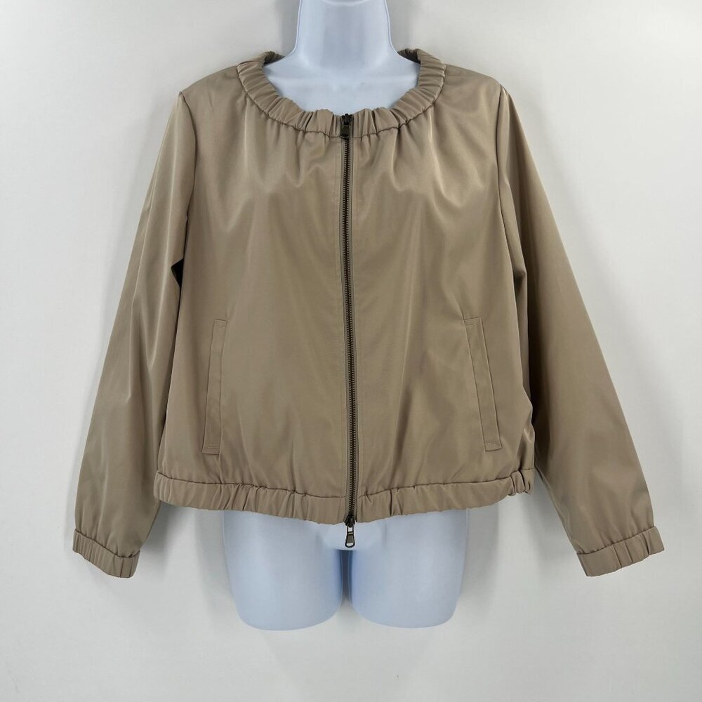 Chico's 1 US 8/M Tan Ruched Collar Bomber Jacket Full Zip Lined Lightweight